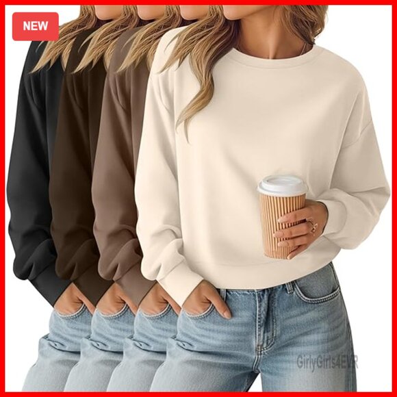 4 Pack Long Sleeve Cropped Sweatshirts Crew Neck Loose Fit Thermal Tops